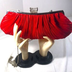 JNB Red Satin Micro Pleated Rhinestone Topped Clutch Shoulder Evening Party Bag